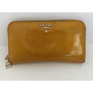 PRADA Soft Yellow Saffiano Leather Zip Around Long Wallet Glossy Vintage